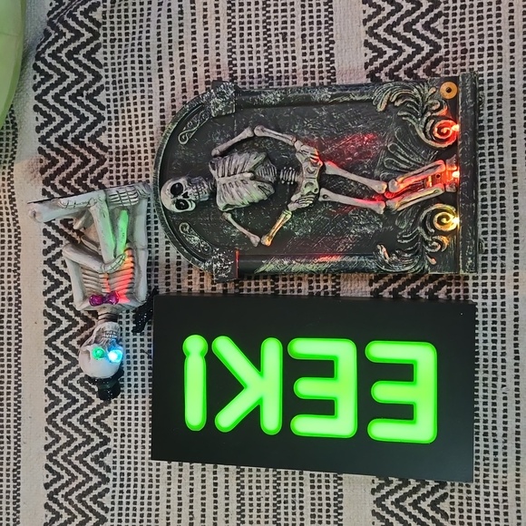 Other - 3 Halloween Decor Light Up Dancing Skeletons Neon Green EEK! sign